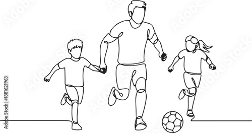 One single line drawing of young father run and play football soccer with his son and daughter.one line vector illustration with out background