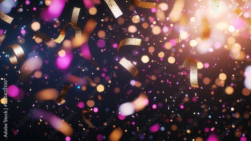 Fototapeta premium Falling golden confetti and vibrant bokeh lights creating a sparkling festive background for party, holiday celebrations event