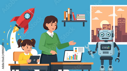 Woman and girl with robot teacher.