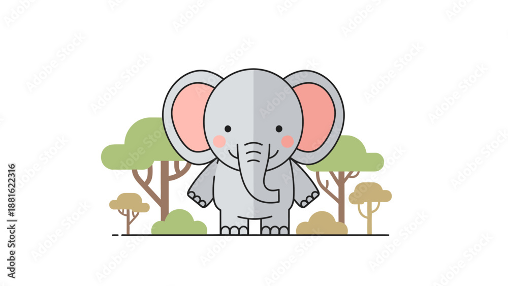 Obraz premium Cute Cartoon Elephant in a Forest Clearing with Trees and Bushes playful