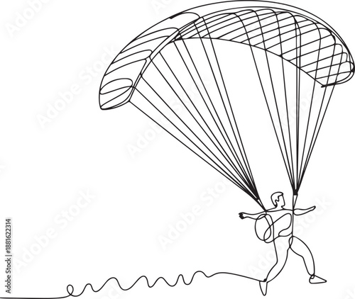 One continuous line drawing of young bravery man flying in the sky using paragliding parachute.one line vector illustration with out background