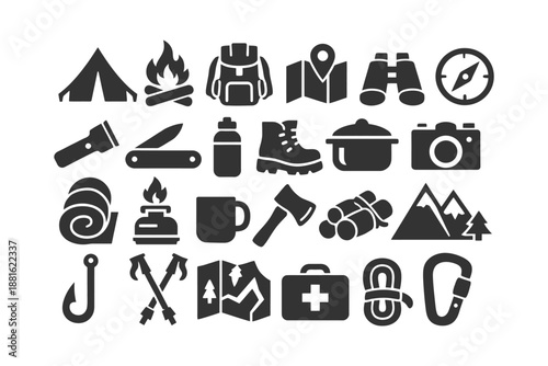 Outdoor adventure icons: camping, hiking, survival essentials equipment set.