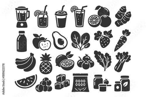 Assorted fruits vegetables juicing ingredients icons collection.