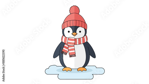 Adorable cartoon penguin dressed warmly with pink hat and scarf on an icy