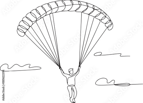 One continuous line drawing of young bravery man flying in the sky using paragliding parachute.one line vector illustration with out background