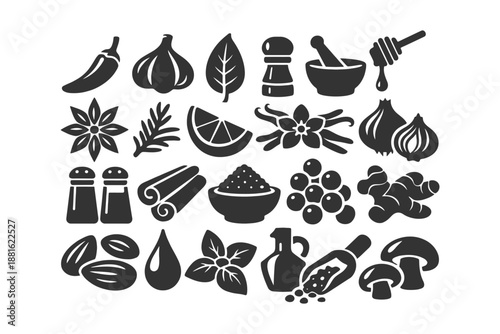 Collection of black silhouettes of spices, herbs, and cooking ingredients.
