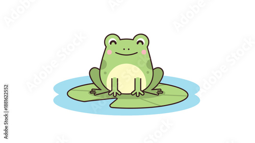 Adorable cartoon frog sitting peacefully on a lily pad in water scene