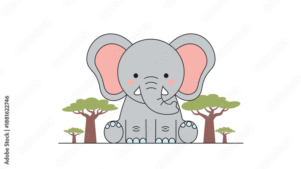 Obraz premium Cute Cartoon Elephant Sitting Among Green Trees in a Simple Nature Scene