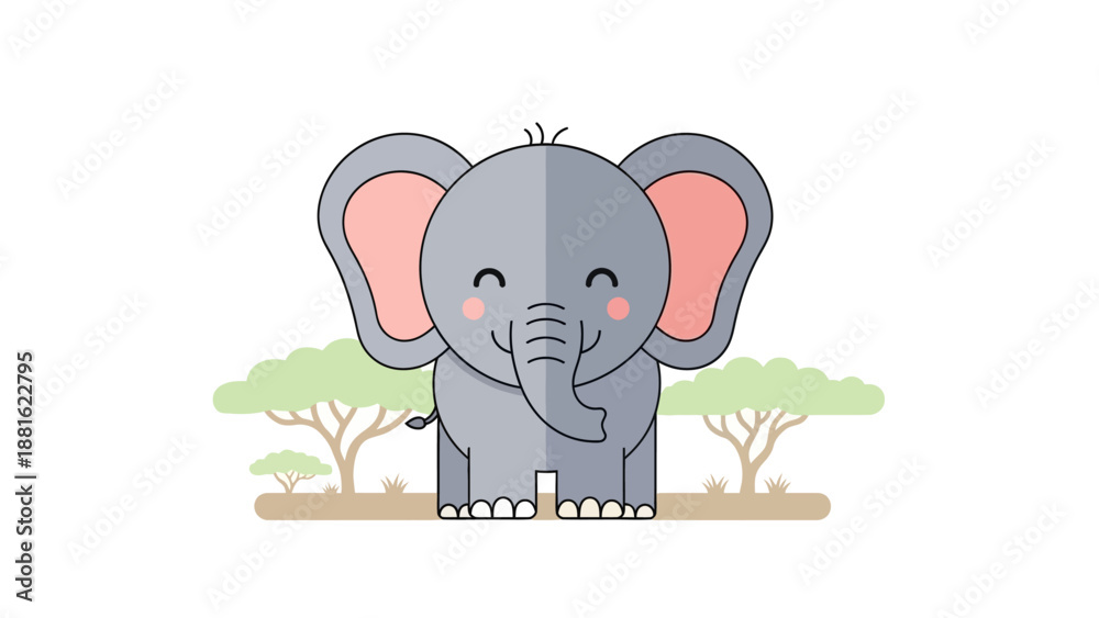 Fototapeta premium Adorable Cartoon Elephant Standing in a Natural Environment with Trees
