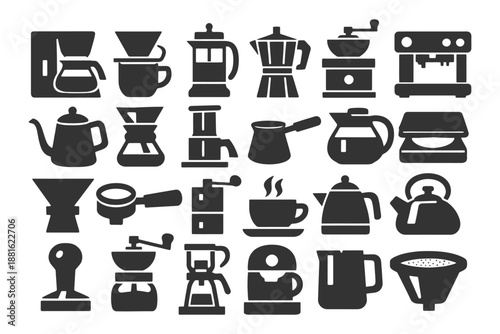 Variety of coffee brewing equipment silhouettes: from drippers to espresso machines.
