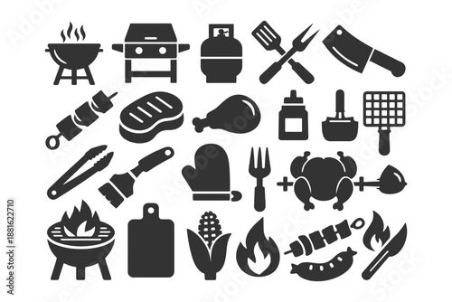 Barbecue essentials: grills, tools, and meats icons set.