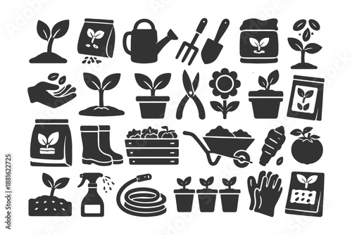 Garden tools and plant icons: watering can, seeds, potted plants, gardening gloves, wheelbarrow.