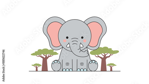 Cute Cartoon Elephant Sitting Among Green Trees in a Simple Nature Scene