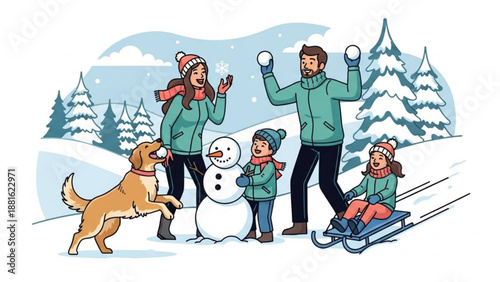 Family building a snowman and playing in the snow with dog winter outdoor activity illustration for holiday season