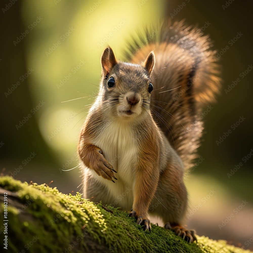 Fototapeta premium A curious squirrel standing on moss.