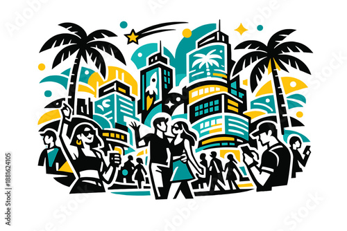 Tropical neon downtown. High-rise buildings covered in holograms, glowing palms swaying above crowded streets.