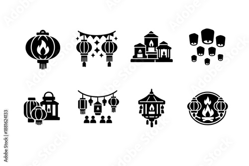 Cultural lantern festival. Filled icon set of Cultural lantern festival: cultural lantern symbol, heritage
