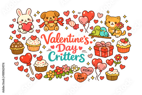 Valentine’s Day Critters. Hand-drawn doodle illustration of Valentine’s Day Critters. bunny