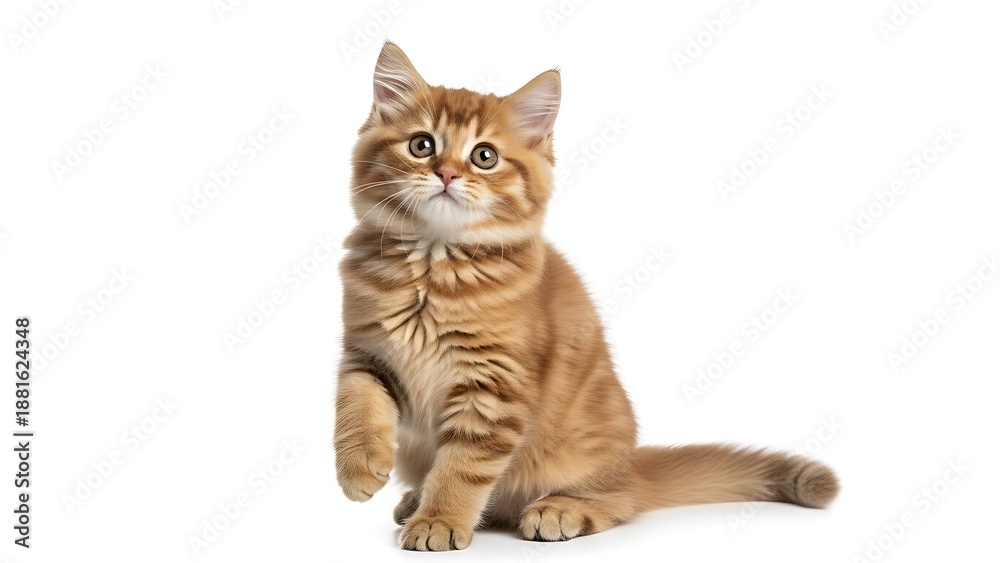 Obraz premium A playful orange tabby cat sitting and waving its paw on a white background, photographed from a front view.