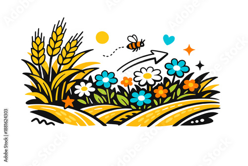 Wildflowers among crops. Small bright blooms breaking through golden fields, petals catching sunlight, gentle