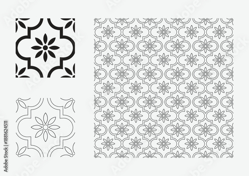 Seamless azulejo tile pattern with traditional Portuguese and Spanish ceramics in navy blue and white, traditional Mediterranean design. Ornate damask fabric swatch. Moroccan ceramic background.