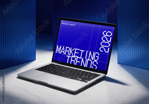 Futuristic Marketing Trends Presentation Laptop Screen Mockup PSD