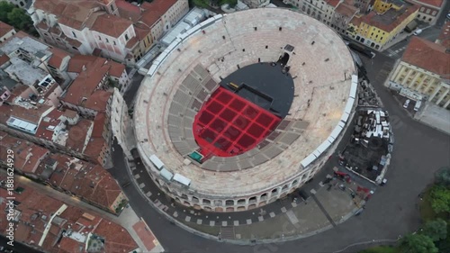 Aerial drone shot view on ancient roman amphitheatre Verona Arena in Verona, Italy. High quality footage in 4k format