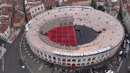 Aerial drone shot view on ancient roman amphitheatre Verona Arena in Verona, Italy. High quality footage in 4k format
