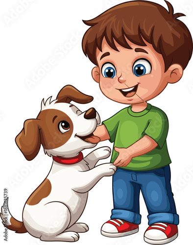 Cartoon child and dog in playful interaction, joyful companionship and pet bonding illustration, colorful character theme, transparent background graphic