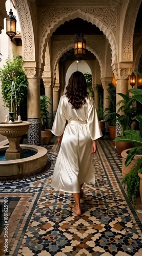 Woman in white robe walking through luxurious Moroccan riad courtyard with arches and mosaic tiles, elegant travel spa retreat atmosphere generative AI