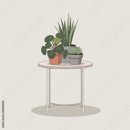 Minimalist illustration of potted houseplants on a small round table, light beige background