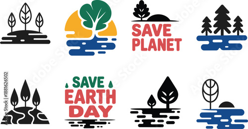 A collection of eight simple graphic icons featuring trees and landscapes for environmental planet protection