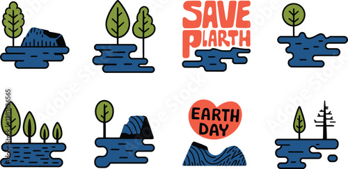 A collection of eight simple graphic icons representing Earth Day themes with trees and water elements