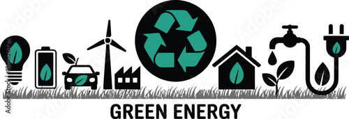 A collection of sustainable energy icons including a wind turbine, electric car, house, and recycle symbol