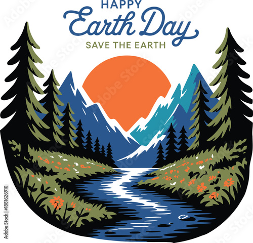 A colorful landscape with mountains, a winding river, evergreen trees, and a vibrant sunset for Earth Day