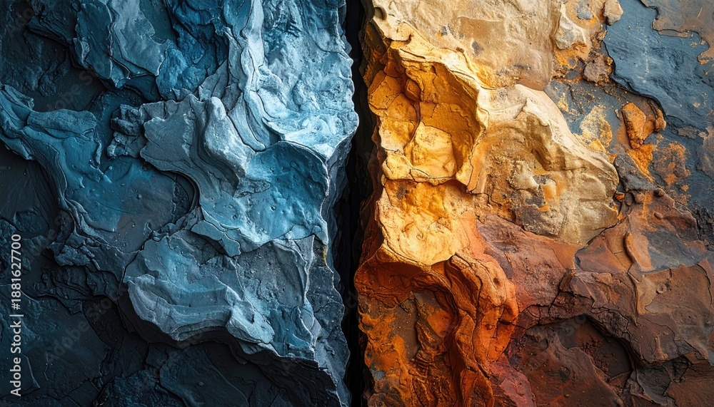Naklejka premium Split textured surface, contrasting colors of blue and orange