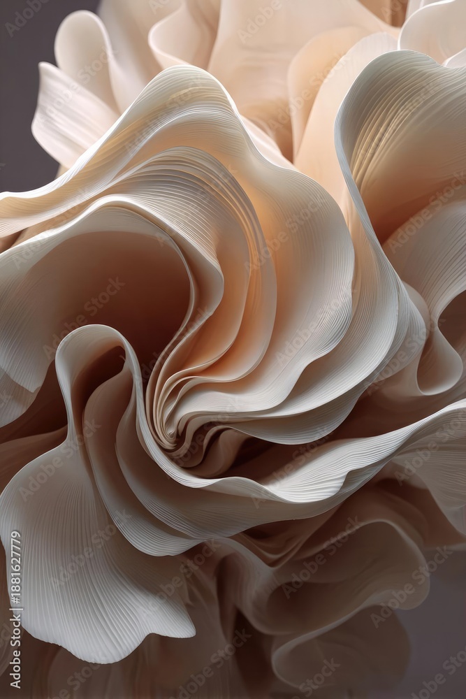 Obraz premium Close-up of an abstract paper flower with layered, curling beige petals. Concept Abstract paper flower, Close-up photography, Beige layered petals, Paper art texture, Sculptural floral design