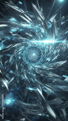 Abstract spiral design in blue tones with sharp, crystal-like shapes  