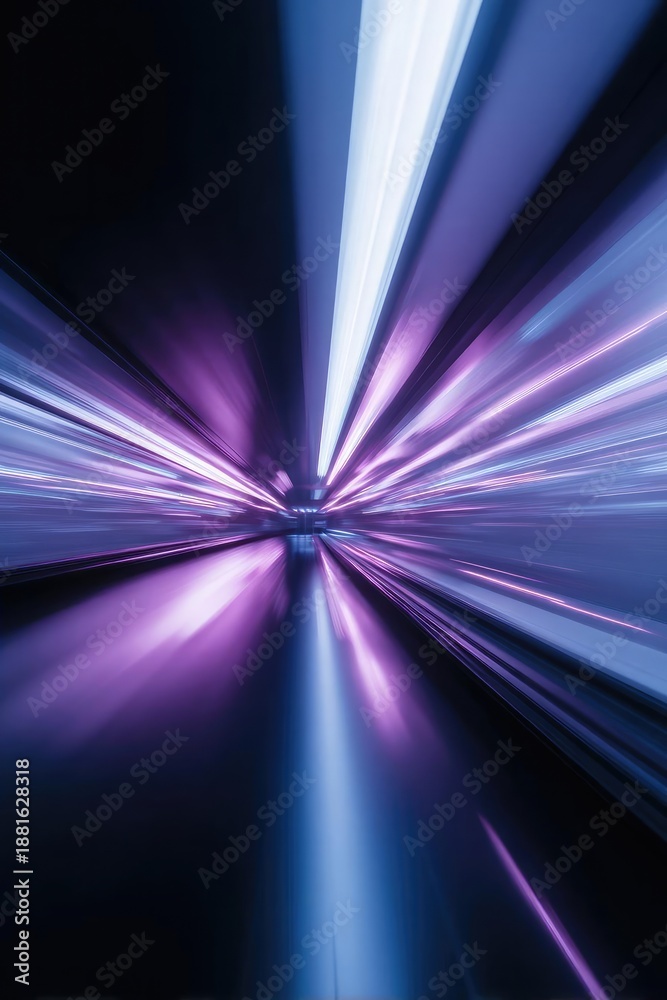 Fototapeta premium Long-exposure neon light trails in blue and purple converging to a vanishing point, like a futuristic tunnel. Concept Long-exposure neon light trails, Blue and purple color palette