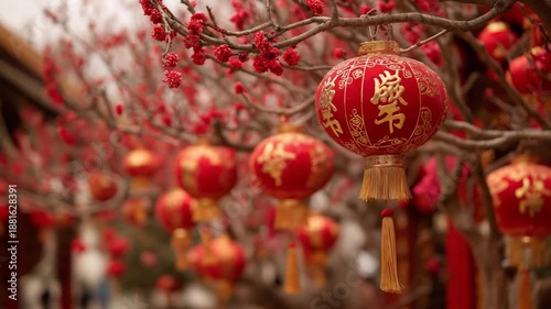 Red lanterns hanging from tree branches during festive season  