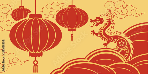 Dragon illustration with lanterns and clouds in red and yellow colors  