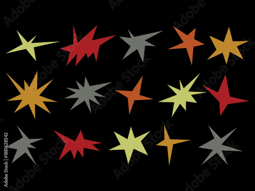 Colorful starburst shapes seamless pattern on dark background with abstract geometric style. Modern decorative texture suitable for design, branding, posters, packaging, textiles and digital projects.