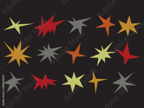 Colorful starburst shapes seamless pattern on dark background with abstract geometric style. Modern decorative texture suitable for design, branding, posters, packaging, textiles and digital projects.