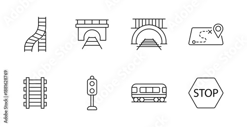 Railway set icon. Curved rail, bridge, tunnel, map, tracks, signal, train, stop sign, transport, logistics, travel, infrastructure, direction, movement, route.