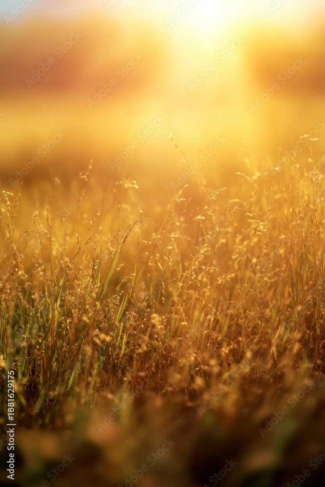 Fototapeta premium Golden sunset over tranquil field of tall grass blades