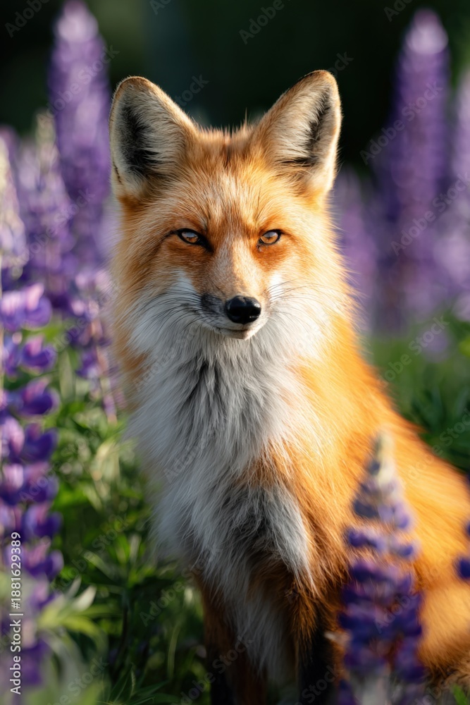 Fototapeta premium Red fox in lavender field: nature's beauty and vibrant colors