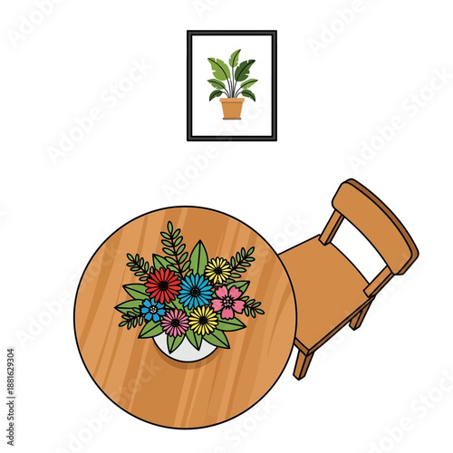 Cozy Dining Nook: Wooden Table, Chair, and Floral Decor with Plant Art