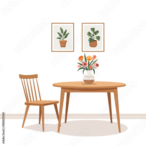 Cozy Dining Room with Wooden Table, Chair, and Floral Arrangement