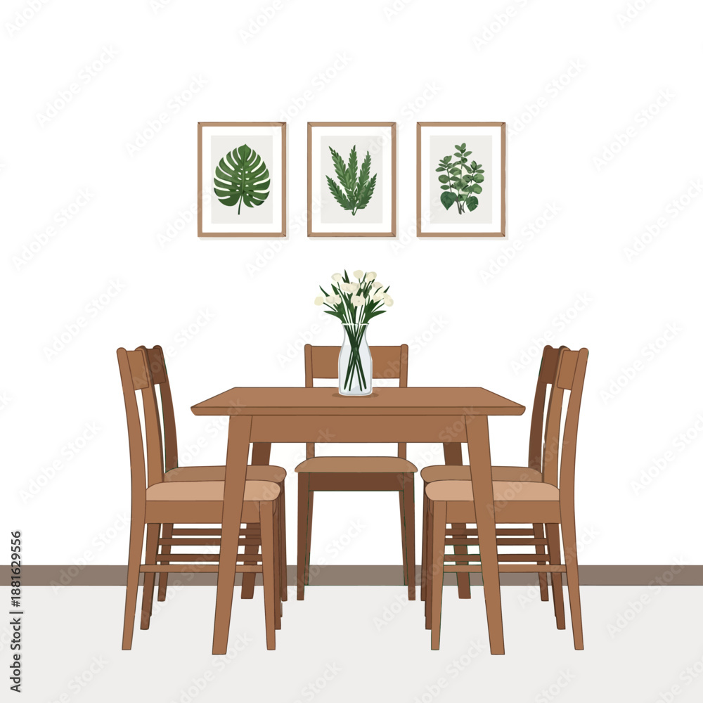 Fototapeta premium Modern Dining Room with Wooden Table, Chairs, and Botanical Art