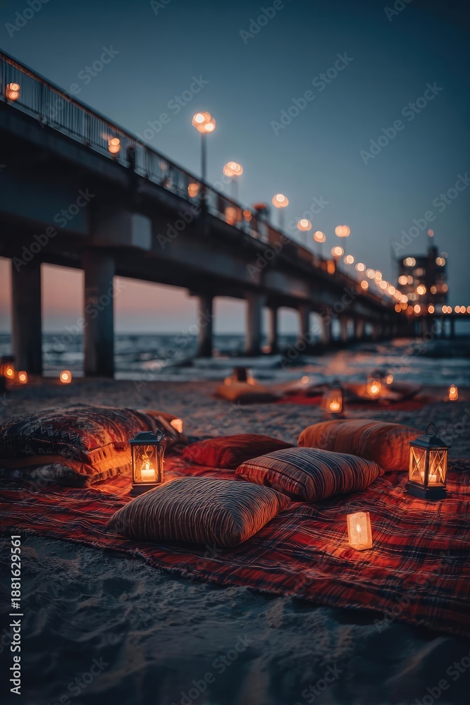 Fototapeta premium Romantic beach picnic at dusk: cushions on a plaid blanket with lanterns and candles near a lit pier. Concept Romantic beach picnic at dusk, Cushions on plaid blanket, Lanterns and candles glow